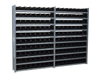 Meta Clip Fachbodenregal H2000 T290 mm Lagerregal + SSI Schäfer 14/7-4 Lagerbehälter Meta Clip Fachbodenregal H2000 T290 mm Lagerregal + SSI Schäfer 14/7-4 Lagerbehälter