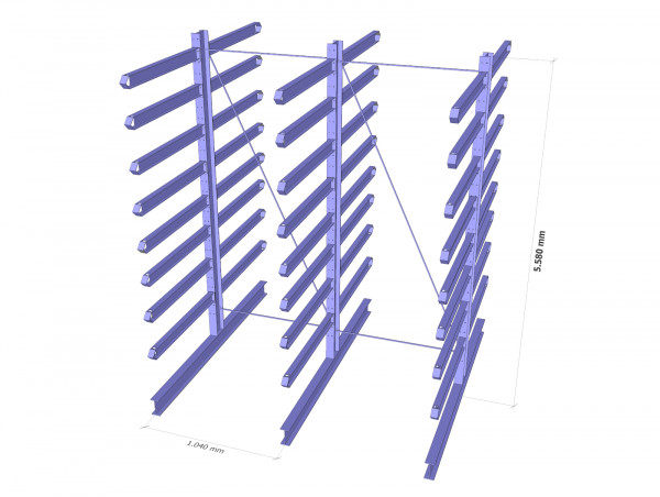 Ohra Kragarmregal K60 Höhe 5580 Breite 2400 mm doppelseitiges Langgutregal