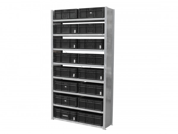 Meta Fachbodenregal Höhe 2540 mm Tiefe 440 mm + 16 SSI Schäfer Euroboxen
