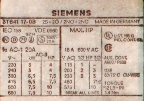 Siemens Schütz Contactor 3TB41 17-0B 18 A 600 V AC 2S + 2Ö / 2NO + 2NC