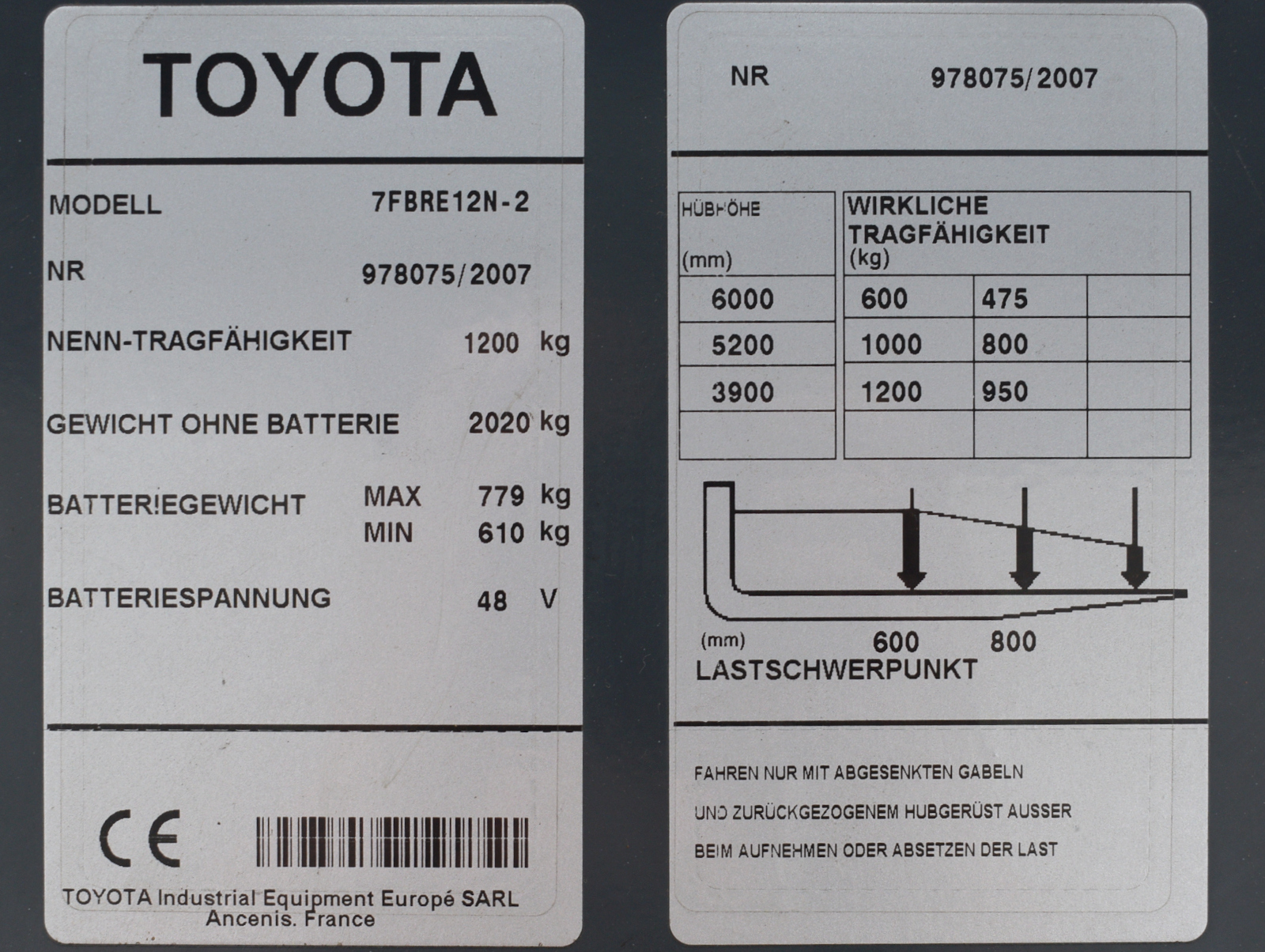 Jungheinrich Stapler Fehlercode Liste Toyota Schubmaststapler 7FBRE12N-2 Elektro Gabelstapler Hub 6000 mm 1.