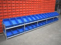 Schulte Schraegbodenregal mit Bito Kisten Laenge 6600 mm Bereitstellregal mit Schraegablagen Schulte Schraegbodenregal mit Bito Kisten Laenge 6600 mm Bereitstellregal mit Schraegablagen