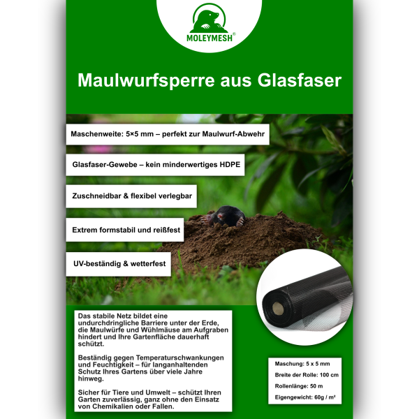 MoleyMesh® Maulwurfsperre aus Glasfaser 50 m² Wühlmausschutz Maulwurfnetz